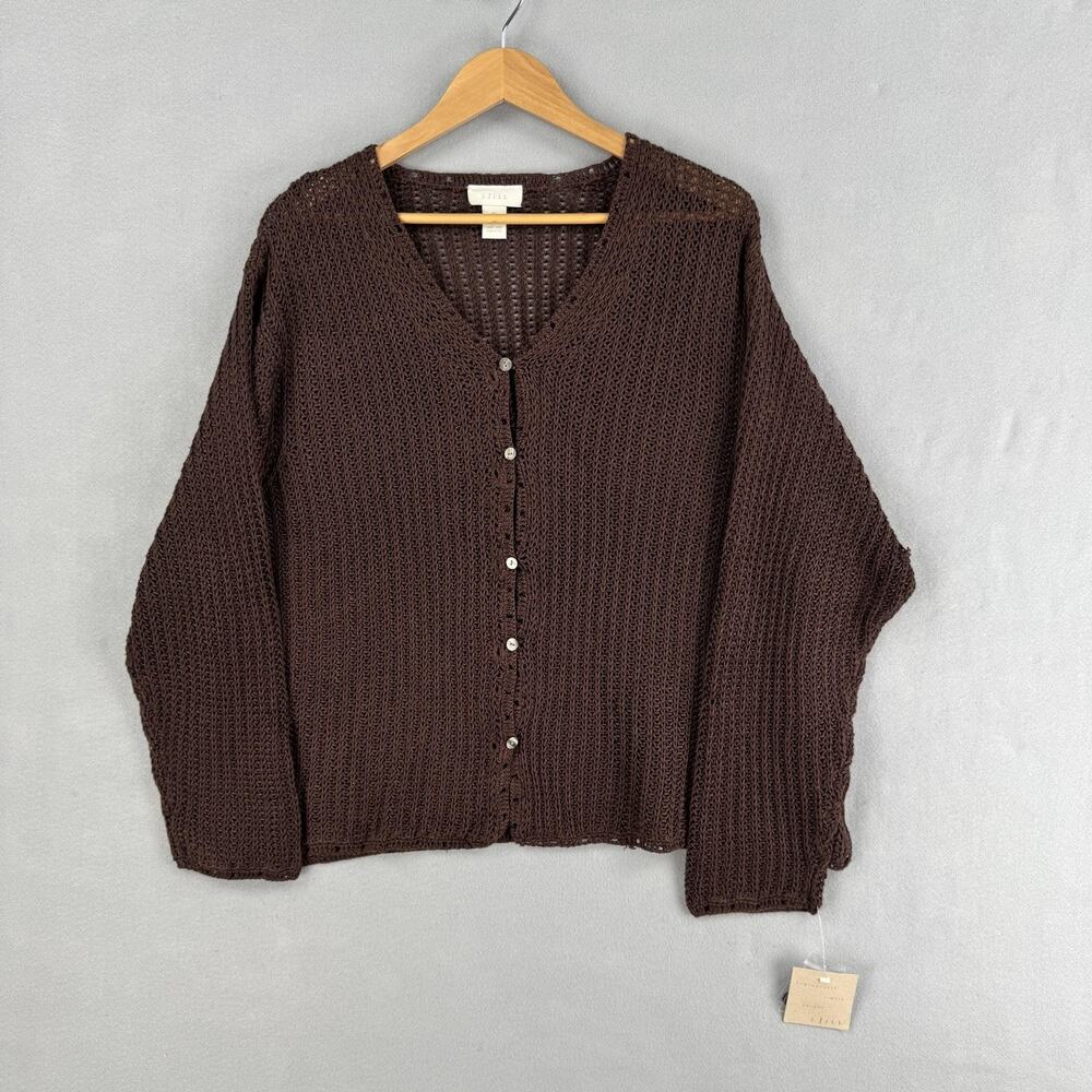 Vintage J Jill Cardigan Womens 3X Brown Linen V Neck Open Knit Lightweight NWT